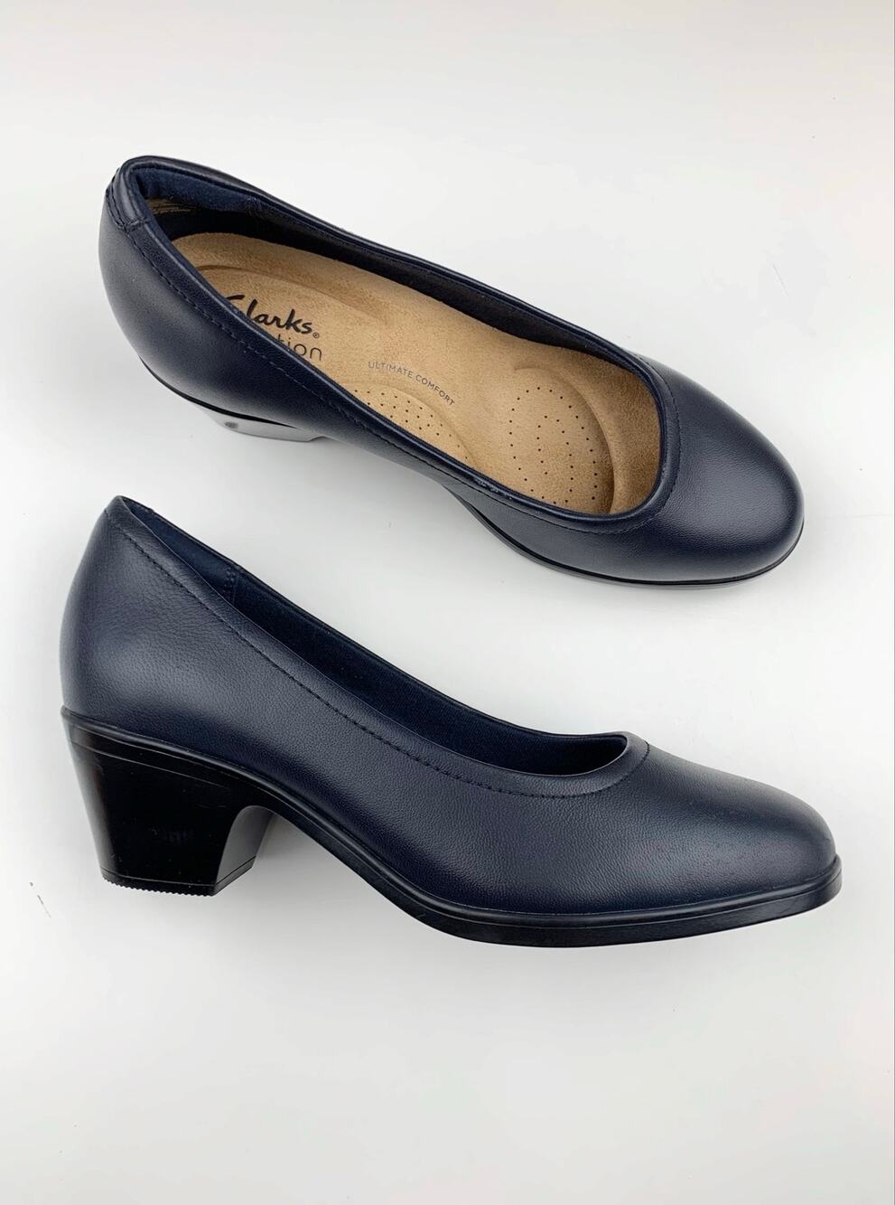 Clarks Emily Ruby Pumps Blue Leather Comfort Shoes Heels Women's 7.5 Wide Width